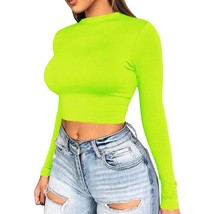 Women Long Sleeve Turtleneck Crop Top Mock Neck Tight Fitted Shirts Neon... - $40.99