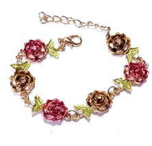 Pink Rhinestone Bracelet, Floral Rose Bracelet, Dainty Gold Bracelet, Gift for H - £23.44 GBP