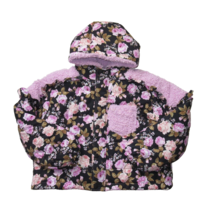 NWT For Love &amp; Lemons Puffer Jacket in Black Pink Floral Ruffle Trim She... - £115.98 GBP