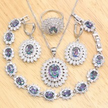 Multicolor Rainbow Topaz Silver Color Jewelry Sets For Women Wedding Bracelet Ea - £28.62 GBP