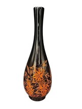 Asian Black Lacquer Vase Brass Inside Orange Flowers 10&quot; Decor - $18.00