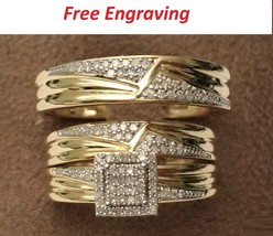 Diamond 14K Yellow Gold Over Trio His And Her Bridal Wedding Engagement Ring Set - £100.99 GBP