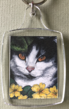 Small Cat Art Keychain - Black and White Cat with Yellow Primroses - $8.00