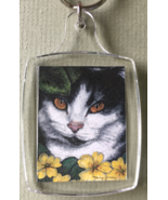 Small Cat Art Keychain - Black and White Cat with Yellow Primroses - £6.32 GBP
