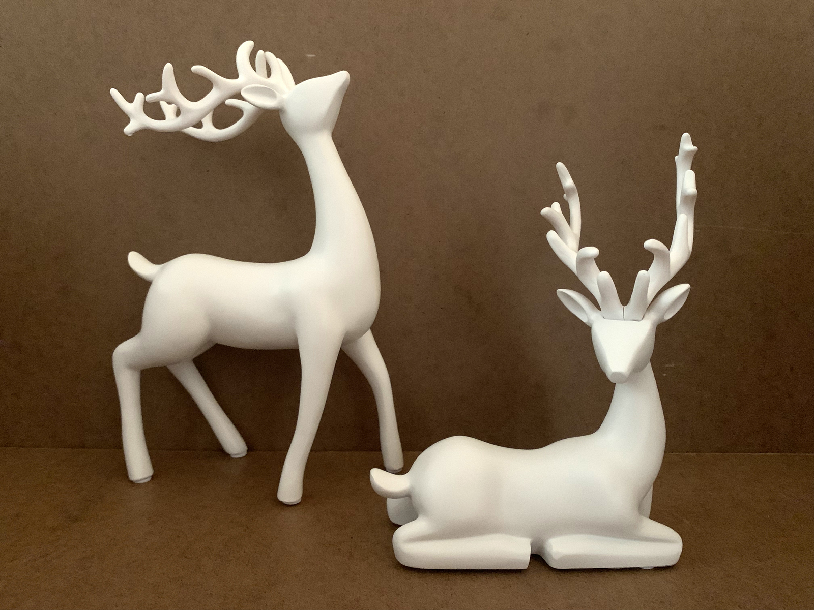 Primary image for NIB 2-Piece Modern Resin Deer Reindeer Figurine Set, Standing Sitting, White