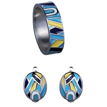 Classic Jewelry Set for Women Pure Fashion Blue Flower Enamel Earrings Ring Set  - £11.36 GBP