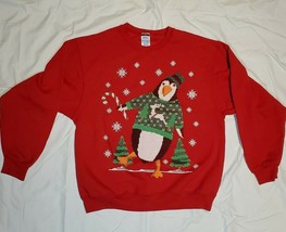 Holiday Party Men L Red Ugly Christmas Sweatshirt Dancing Penguin Euc - £7.92 GBP