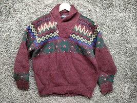 Vintage Ralph Lauren Hand Knit Wool Shawl Sweater Medium Maroon Aztec Fa... - £146.85 GBP