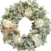 Lambs Ears Leaves Everyday Wreath 18 Inch with Ivory Hydrangea and Cream Berries - £35.85 GBP