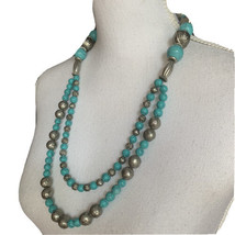 Turquoise Dyed Howlite Silver Tone Statement Necklace Emboss Bead Double Strand - £12.45 GBP