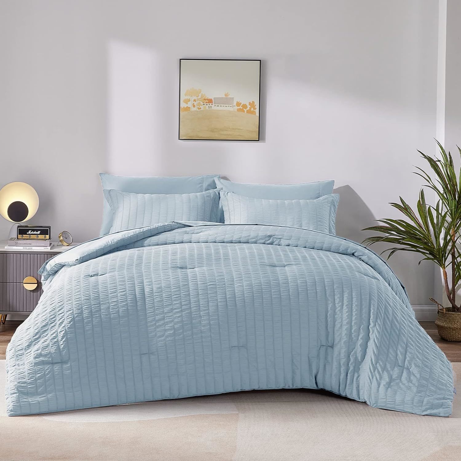 Primary image for Full Seersucker Comforter Set With Sheets Light Blue Bed In A Bag 7-Pieces All S