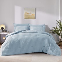 Full Seersucker Comforter Set With Sheets Light Blue Bed In A Bag 7-Piec... - £90.48 GBP