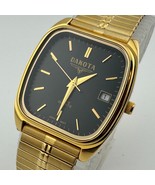 Vintage Dakota Quartz Watch Men Gold Tone Black Barrel Date Stretch New ... - $26.59