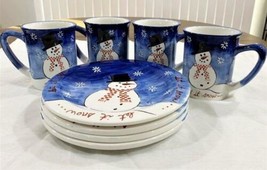 1998 Bath &amp; Body Works Snowman Christmas Holiday 4 Plate &amp; 4 Mugs &quot;let it snow&quot; - £69.93 GBP