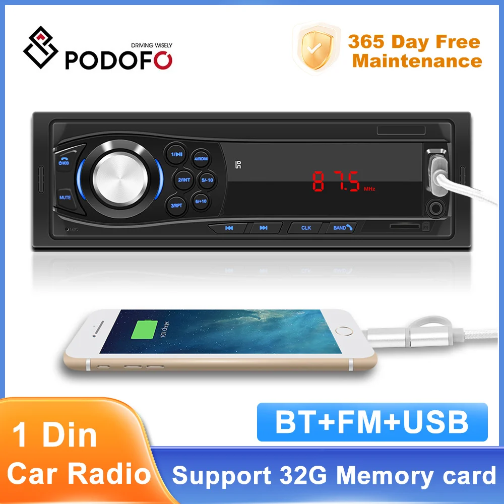 Podofo Car Radio MP3 Player 1DIN Car Stereo Remote Control Digital Bluetooth - £17.48 GBP