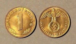 GERMANY 1 PFENING COIN 1937 D NAZI TIME VERY VERY RARE CUNI COIN UNC BRIGHT - $46.36
