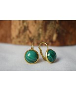 Natural Malachite Earrings Gold, 10mm Dangle Earrings, Small, Minimalist... - £26.70 GBP