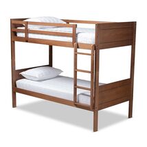 Twin Bunk Bed Wood Frame Fixed Ladder Guard Rails Walnut Brown Gray Cont... - $529.89