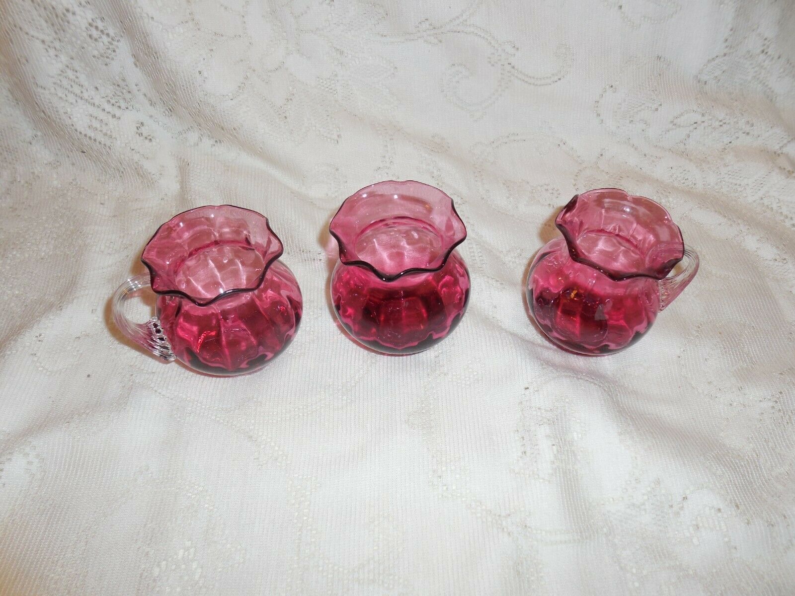 Primary image for 3 Piece  Mini Pilgrim Cranberry Glass Pitchers & Vase  with Ruffled Rims