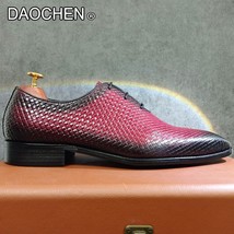 Luxury Men Genuine Leather Shoes Red Black Lace Up Pointed Weave Print Casual Dr - £111.03 GBP