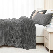Fluffy Comforter Set Queen - Furry Leaves Pattern Faux Fur Bed Set 3 Pieces, Win - £73.93 GBP