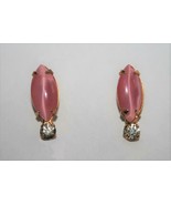 Vintage Pink Moonstone &amp; Clear Crystal Screw Back Earrings J333 - £12.78 GBP