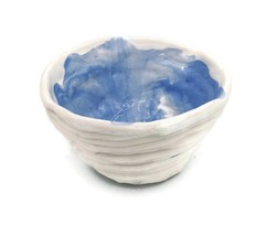 Artisan Ceramic Bowl, White And Blue Handmade Portugal Pottery Irregular Shape - £37.45 GBP