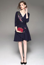 Women&#39;s Floral Embroidered V-neck Wrap Midi Dress in Navy AUS STOCK 10 1... - $34.99