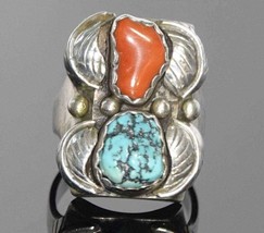 Sz12 Navajo Sterling and Turqoise Coral Mens Ring Large Chunky - £146.28 GBP