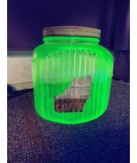 Vintage Ribbed Green Uranium Depression Glass Coffee Jar with Original Lid - £53.36 GBP