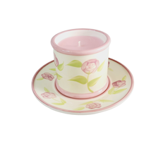 Rose Votive Jar Candle Saucer Plate Hand Painted Ceramic Pink Cream - £11.66 GBP