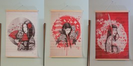 3 Japanese Art Print Wall Hanging Canvas Scroll Decor Female Gesha Lot - £58.05 GBP