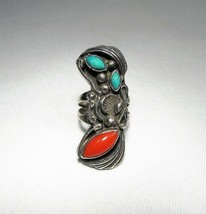 Vintage Navajo Turquoise Coral Sterling Silver Knuckle Ring Signed RS C2724 - £90.09 GBP