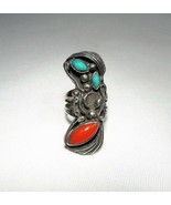Vintage Navajo Turquoise Coral Sterling Silver Knuckle Ring Signed RS C2724 - £90.90 GBP