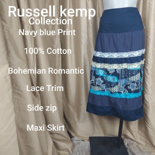 Primary image for New Russell Kemp Collection Bohemian Romance Navy Blue Print Maxi Skirt Size 12