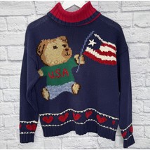 Vintage Tian Collection Bear American Flag Turtleneck Sweater Size M Red... - £36.14 GBP