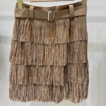 Women High Waist Belt Skirt  Khaki Multi Layer Heavy Drilling Rhinestones Skirts - £71.12 GBP+