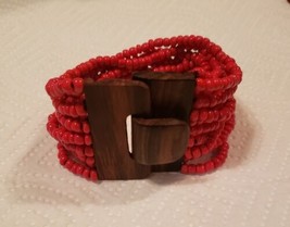 Red seed bead Wooden Closure multistrand Stretch Bracelet - £10.17 GBP