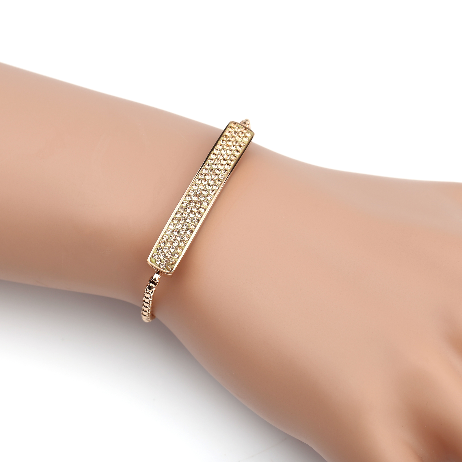 Rose Gold Tone Bolo Bar Bracelet, Champagne Swarovski Style Crystals