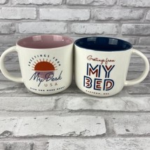 Lot of 2 15oz Stoneware Greetings From My Bed &amp; Greetings From My Desk Mugs - £15.05 GBP
