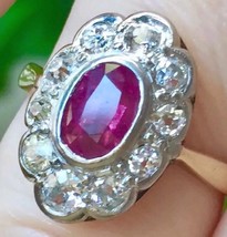 Antique 2.57TCW Natural Ruby Diamond halo Daisy Platinum 18k Ring - £6,250.47 GBP