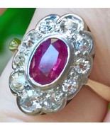 Antique 2.57TCW Natural Ruby Diamond halo Daisy Platinum 18k Ring - £6,163.80 GBP