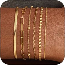 Waterproof Gold Bracelets Set for Women Trendy Dainty 14K Real Gold Plat... - $35.08