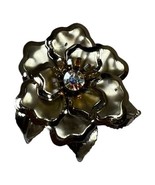 Vintage Gold Tone Magnolia Flower Rhinestone Center Brooch Pin Statement... - £18.29 GBP