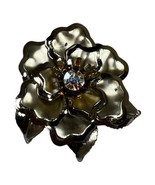 Vintage Gold Tone Magnolia Flower Rhinestone Center Brooch Pin Statement... - $23.36