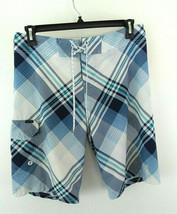 Valor Mens Boardshorts 33 Blue Plaid Drawstring Pockets Swimwear - $19.88