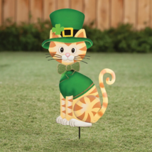 St Patricks Day Cat Wearing Leprechaun Hat &amp; Vest Garden Stake Metal Yard Decor - £23.67 GBP