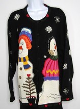 The Quacker Factory Black Mr/Mrs Snowman Winter Cardigan Ugly Sweater Large - £16.45 GBP