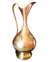 Vtg Copper Brass Pitcher Wine Carafe Water Jug Medallions Coin Decanter ... - $27.42