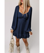 Blue White Plain Ruffled High Waist Square Neck Mini Dress - $26.93
